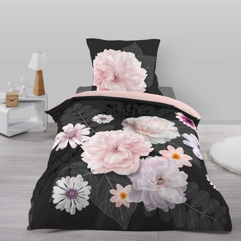 sort sengetøj med blomster i flonel 140x200