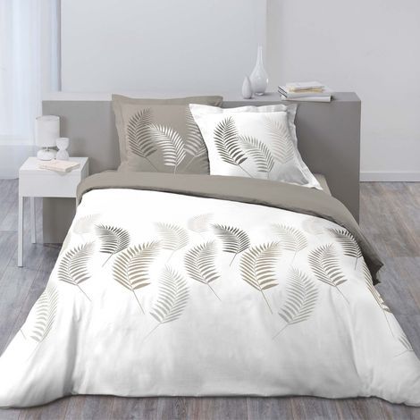 Flonel sengetøj 200x200 hvid og creme farvet med fjer motiv