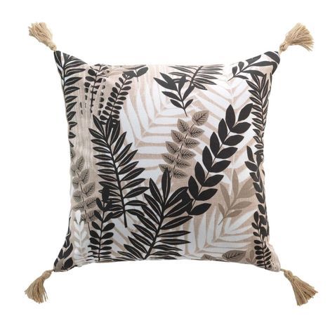 pude 45x45 med kvaster og print i beige sorte farver