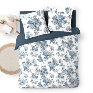Hvidt sengetøj med blomster i blå farver 240x220 i bomuld