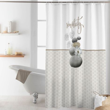 Flot badeforhæng med tekst i hvid, beige og grå farver 180x200 cm.