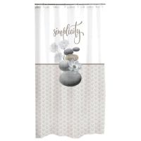 Flot badeforhæng med tekst, sten, prikker og blomster 180x200 med ringe til ophæng