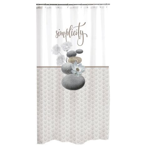 Flot badeforhæng med tekst, sten, prikker og blomster 180x200 med ringe til ophæng