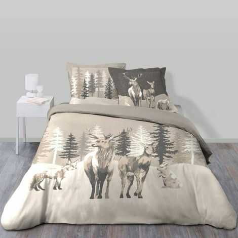 Sengetøj med kronhjort, då, ræv og hare 240x220 i beige farver