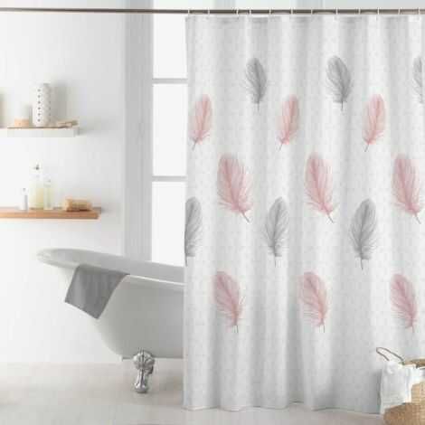 Badeforhæng hvid og lyserød og grå 180x200 i vandafvisende polyester
