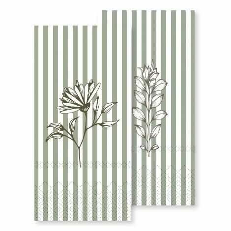 Grønne servietter med hvide striber og blomster i papir 3 lags