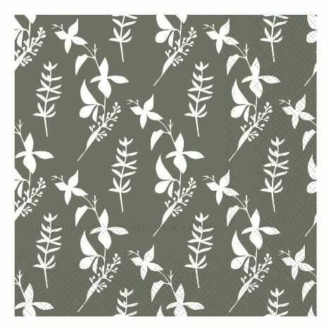 Mønstrede servietter mos grøn med hvide blade i papir til bordet 3 lags 20 stk pr pakke