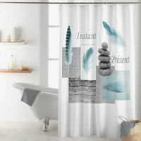 Badeforhæng blå og hvid med print og tekst 180x200 cm