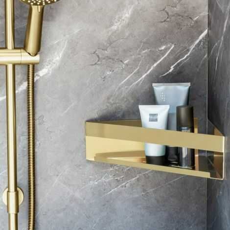 ophængt hjørnehylde i brusekabine i guld farve