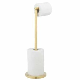 Toiletrulleholder til gulv guld med toiletpapir og plads til 4 ekstra ruller toiletpapir