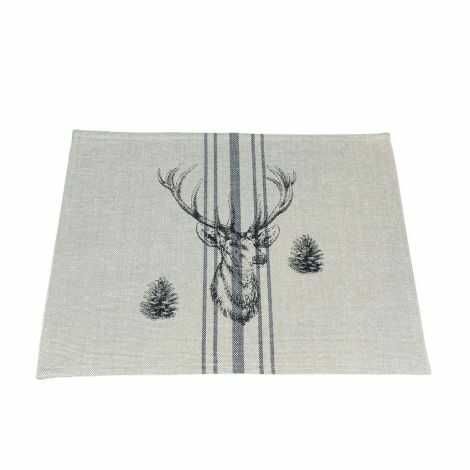 Dækkeservietter stof jute hørfarvet med kronhjort, kogler og striber i grå, sort