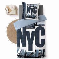 140x200 sengesæt i hvid og blå new york city