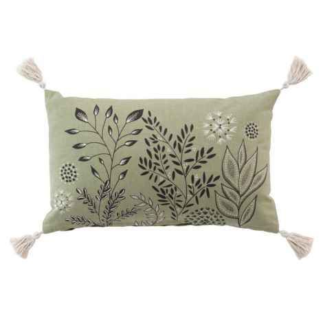 Grøn pude aflang med natur motiv og kvaster 30x50
