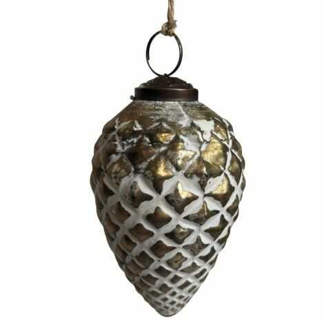 Rustikke julekugler grankogle guld, brun og hvid til ophæng 6,5x11 cm.
