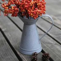 zink kande med hank her med grene stående til pynt udenfor