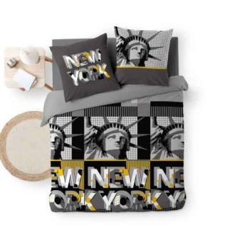 Sengetøj bomuld sort, grå og gul 240x220 new york city