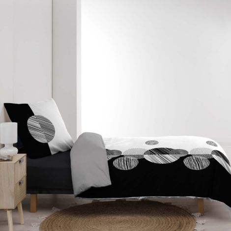 Sengetøj enkelt dyne 140x200 i sort og hvid med geometrisk mønster