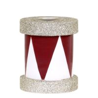 Tromme lysestage rød og hvid med glimmer til bedelys og kronelys