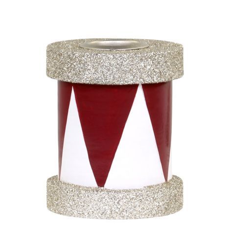 Tromme lysestage rød og hvid med glimmer til bedelys og kronelys