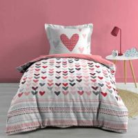 Sengetøj med hjerter 140x200 i lyserød med forskellige farver hjerter