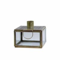 Firkantet lysestage til 1 lys messing antik look og glas