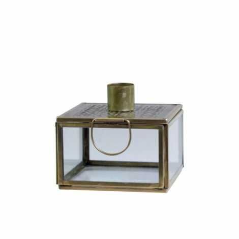 Firkantet lysestage til 1 lys messing antik look og glas