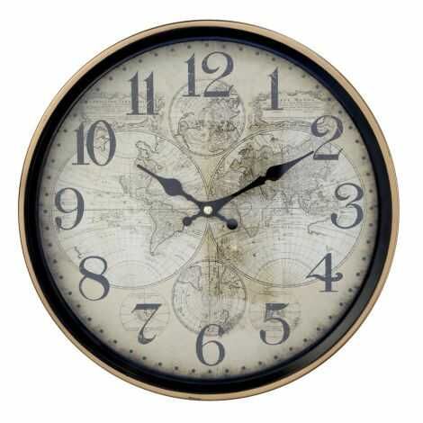 Vægur med tal sort med guld kant og verdenskort