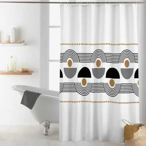 Forhæng til badeværelse 180x200 hvid med sort, grå og brunt mønster