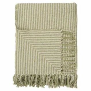 Stribet plaid bomuld lysegrøn og creme farvet med frynser 130x160 cm.