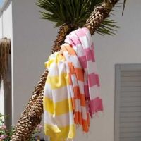 pink-håndklæder-ophængt-på-palme-på-stranden-med-andre-badehåndklæder