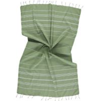 Hammam tæppe 145x215 olivengrøn med hvide striber og frynser brug som badelagen