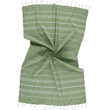 Hammam tæppe 145x215 olivengrøn med hvide striber og frynser brug som badelagen