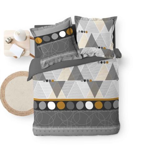 Dobbeltdyne sengetøj mørk grå med mønster i machende farver 240x220 cm
