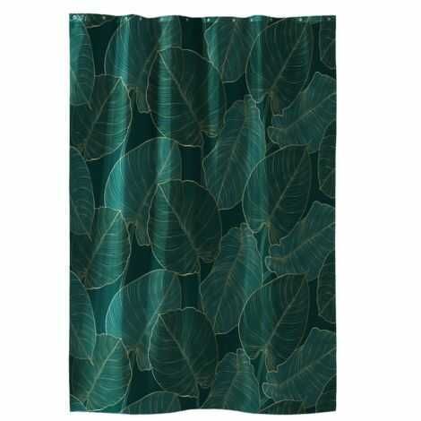 Badeforhæng planter 180x200 mørkegrøn store blade med guld aftegninger