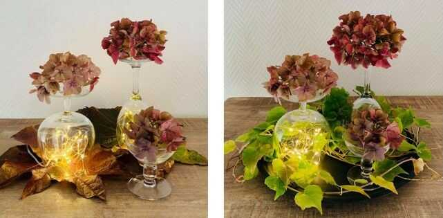 Efterårs borddækning med glas, lyskæder og hortensia hoveder som pynt - Fit 1200x1200