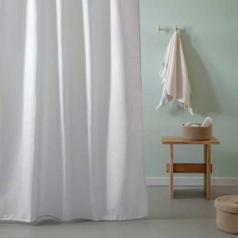 Hvidt bruseforhæng i stof 180x200 i jaguar vævet stof klæbefrit i god kraftigt og tung kvalitet