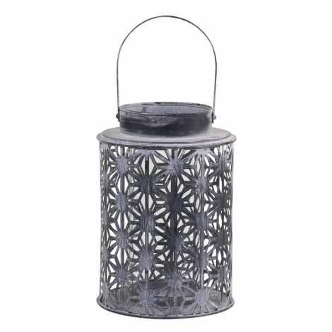Udendørs lanterne stor i zink farve med mønster - hank og glas indsats