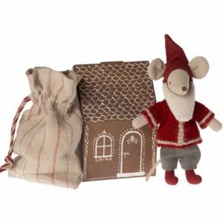 Julemand mus med hus og sæk til julegaver