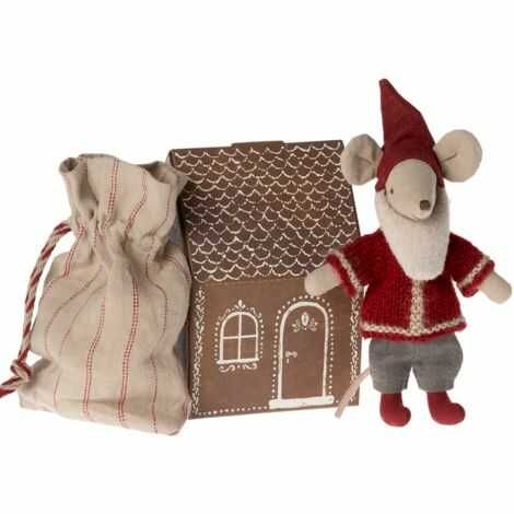 Julemand mus med hus og sæk til julegaver