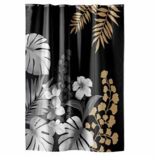 Badeforhæng blomster motiv 180x200 i vandfast polyester med ringe til ophæng på badeværelsesstangen