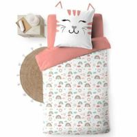 Sengetøj med katte pude, skyer og regnbuer 140x200 cm