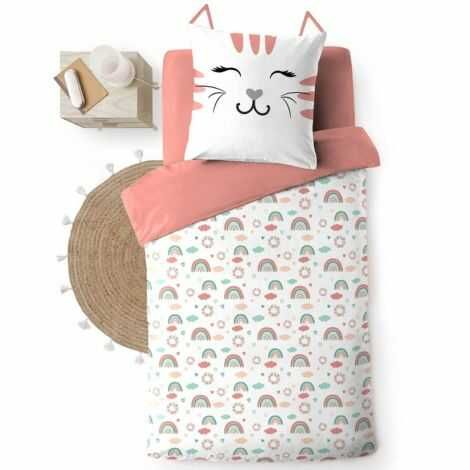 Sengetøj med katte pude, skyer og regnbuer 140x200 cm
