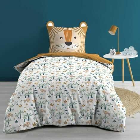 Løve sengetøj 140x200 motiv af løver, palmer og kaktusser og løve pude
