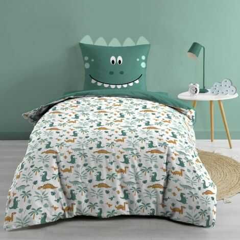Sengetøj med dyr voksen med dinosaurus motiv lagt på enkeltdyne i børneværelse