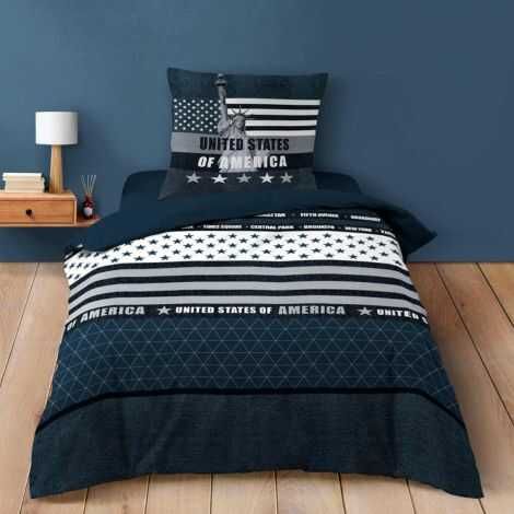 Sengetøj til enkeltdyne 140x200 med mønster af stjerner og det amerikanske flag i blå farver