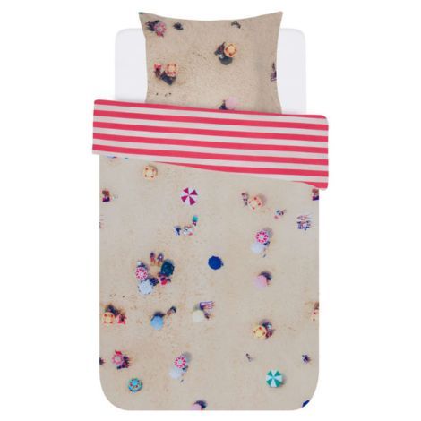 Stribet sengetøj 140x200 med strand motiv og stribe mønster
