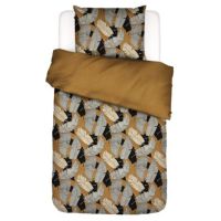 Mønstret sengetøj 140x200 med blade motiv i bomuldssatin i sennep gul, sort og hvide farver