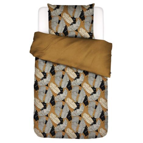 Mønstret sengetøj 140x200 med blade motiv i bomuldssatin i sennep gul, sort og hvide farver
