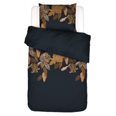 Voksen sengetøj 140x200 i blødt bomuldssatin mørkeblåt med blomster mønster