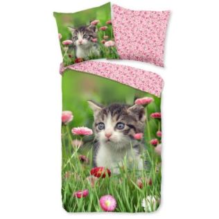 Lyserødt sengetøj voksen 140x200 vendbart med katte motiv på modsatte side